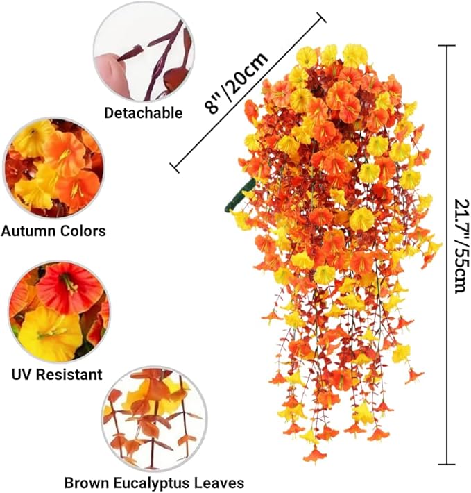 4PCS Artificial Hanging Flowers for Outdoor Decor UV Resistant Fake Morning Glory Realistic Silk Autumn Fall Hanging Plants for Porch Patio Balcony Yard (Autumn Colors)