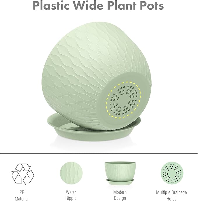 Large Flower Pots 12/10/9 inch, 3 Set Wide Plant Pots for Outdoor Indoor Plants with Water Ripples, Big Plastic Planters with Drainage Holes and Saucers for Garden House Plants, Green