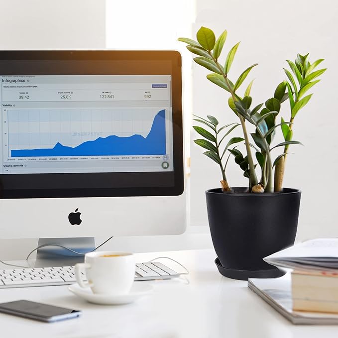 Plant Pots, 12 Pack 6 inch Modern Plastic Planters with Drainage Holes and Saucers for Indoor Outdoor Plants and Flowers, Black