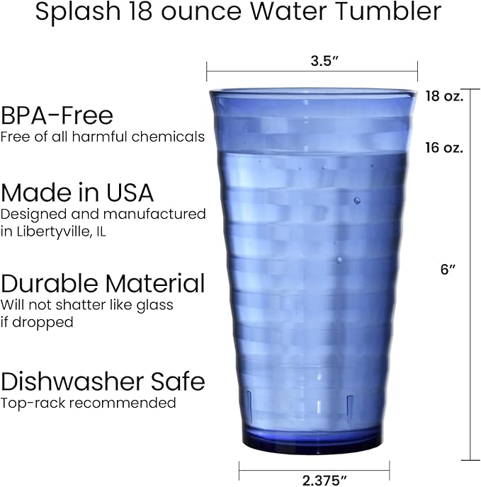 US Acrylic Splash [Set of 16] 18 ounce Plastic Stackable Water Tumblers in 4 Coastal Colors Value Set of Drinking Cups, Reusable, BPA-free, Made in the USA, Top-rack Dishwasher Safe