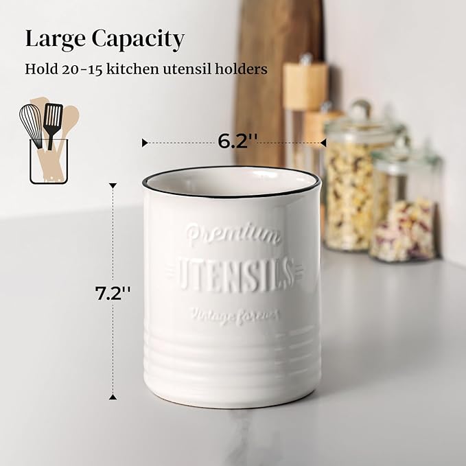 DOWAN 3 Compartment Kitchen Utensil Holder, 7.2″ Extra-Large Ceramic Stable Utensil Caddy, Rustic Cooking Utensil Crock for Farmhouse Kitchen Décor, Utensil Holder for Countertop