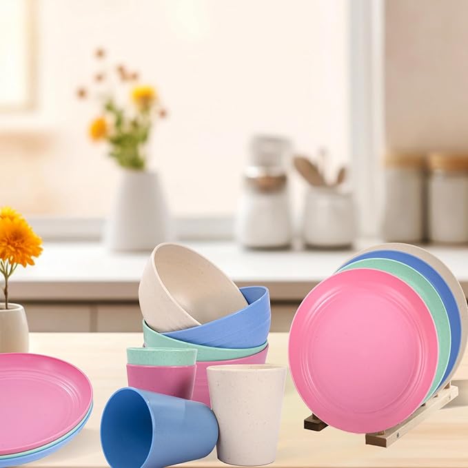 Rubtlamp Wheat Straw Plates and Bowls sets, Reusable Plastic Plate Set for 4, Kitchen Wheat Straw Dinnerware Sets (Spring Four Colors) Include Dinner Platos, Dessert Platos, Cereal Bowls, Cups