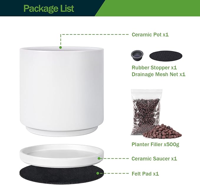 Kazeila 12 Inches Ceramic Planter Pot - Saucer and Drainage Hole - Full Glazed - Matte White