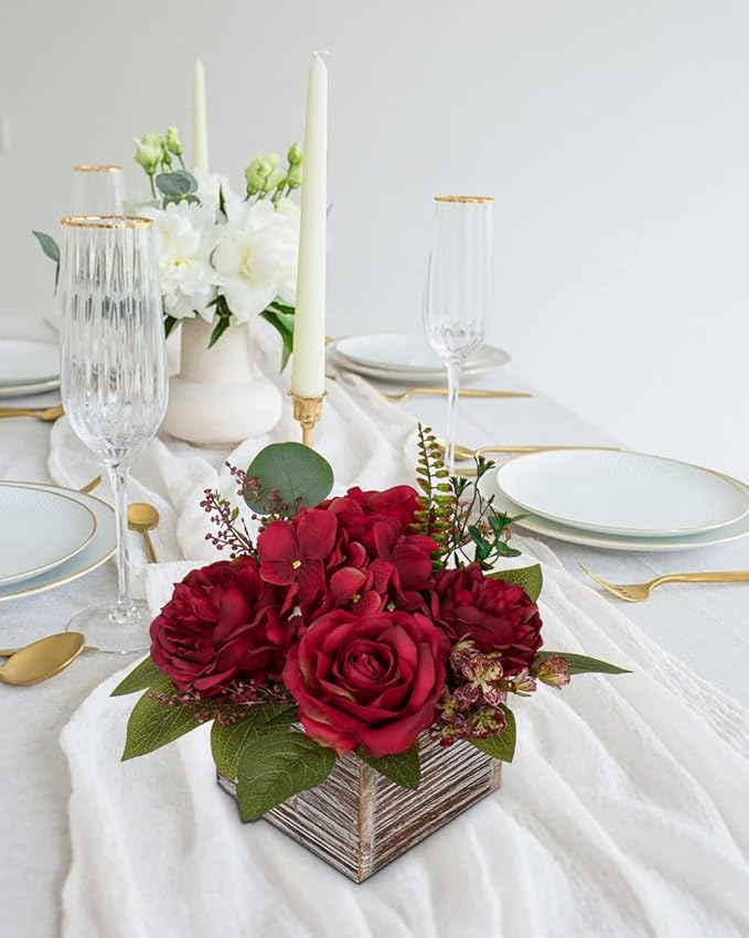 Flower Arrangement with Wooden Vase 8" Artificial Flowers in Pot - Fake Flowers Roses Peonies Hydrangeas in Wooden Vase Potted Artificial Flower Centerpieces for Table Decor Living Room - Red