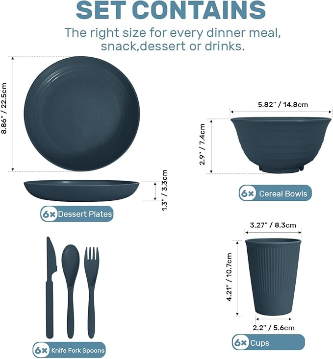 Wheat Straw Dinnerware Sets - SGAOFIEE 36 Piece Unbreakable Dinnerware Sets, Reusable Wheat Straw Plates and Bowls Sets, Travel Camping Cutlery Set, Dishwasher Microwave Safe Dinnerware-Blue