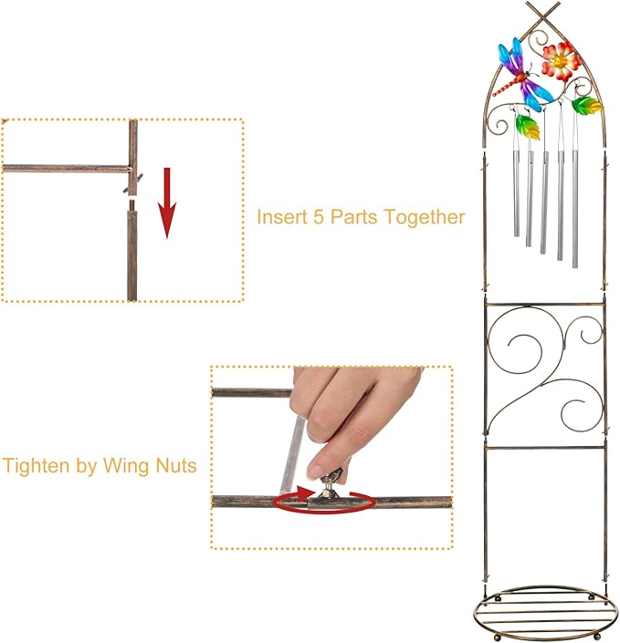 Garden Trellis with Plant Stands, 48” Metal Detachable Dragonfly Plant Pot Trellis with Wind Chimes for Climbing Plants Outdoor Lawn Patio Porches Decor