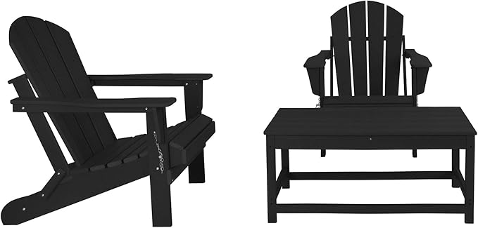 WO Home Furniture Adirondack Chairs Table Set of 3 PCS Outdoor Folding Chairs Coffee Table Weather/UV Resistant for Lawn, Garden, Bon Fire, Balcony (Black)