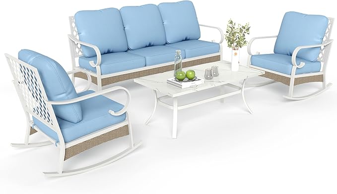 4 Piece Patio Furniture Set, 2 x Rocking Chair, 1 x 3-Seat Sofa with Marbling Coffee Table, All Cushioned 5 Seats Outdoor Conversation Set for Lawn Garden Backyard, Blue