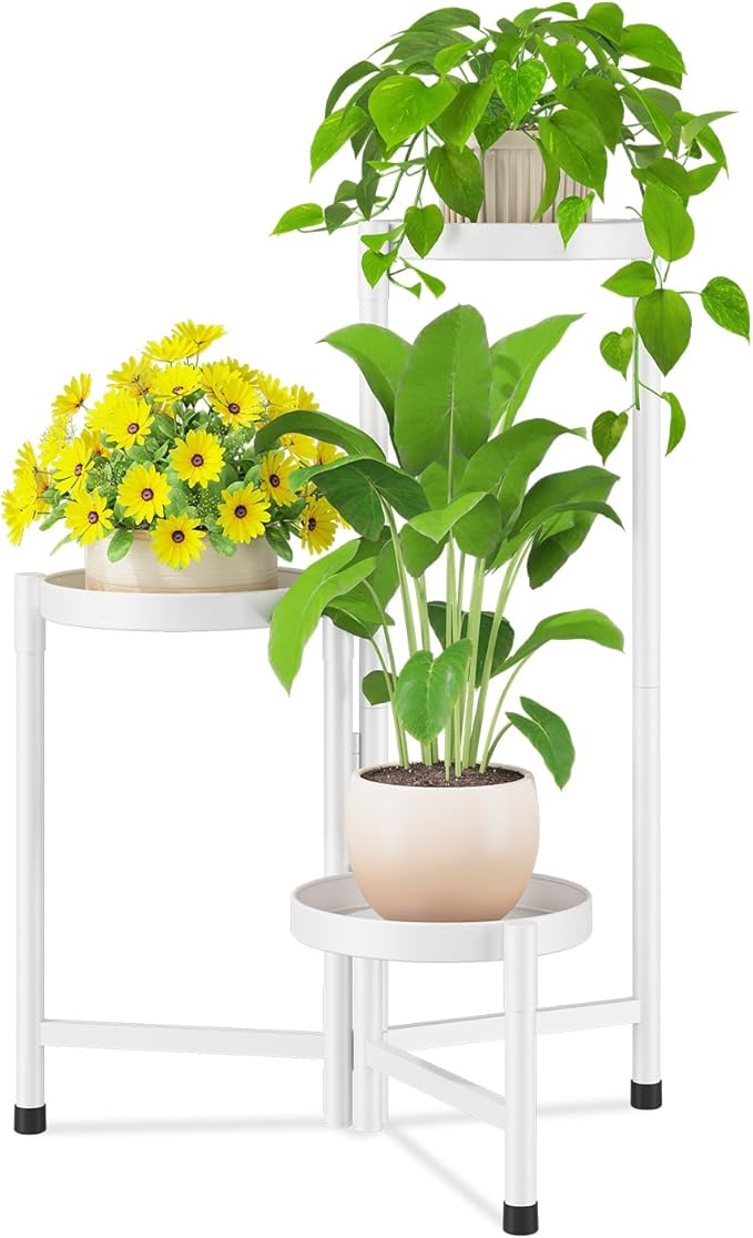 iDavosic.ly Plant Stand Indoor Outdoor, 3 Tier Corner Metal Flower Display Holder Shelf, Folding Tall Orchid Rack for Patio Balcony Porch Garden Living Room House, White
