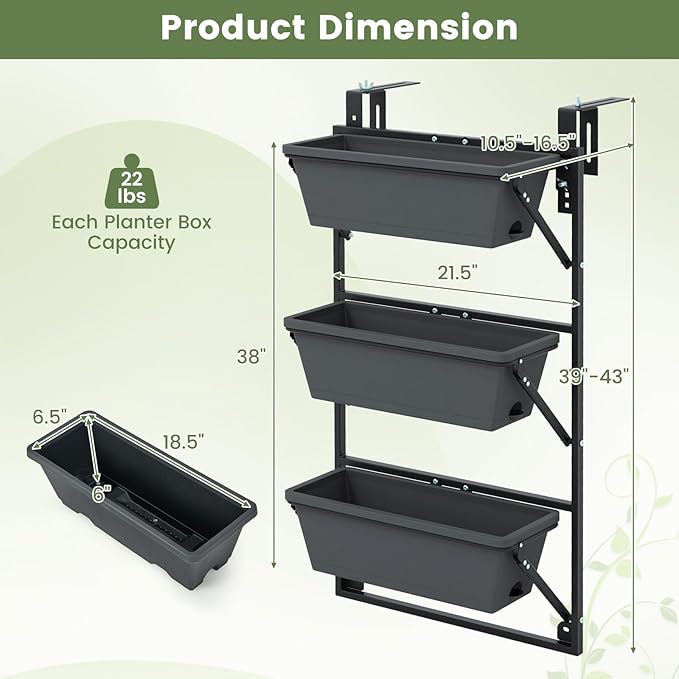 Giantex Vertical Raised Garden Bed, Hanging & Wall-Mounted Planter Garden Boxes, Adjustable Shelf & Detachable Hooks, 3-Tier Railing Raised Beds for Flower Strawberry Vegetable