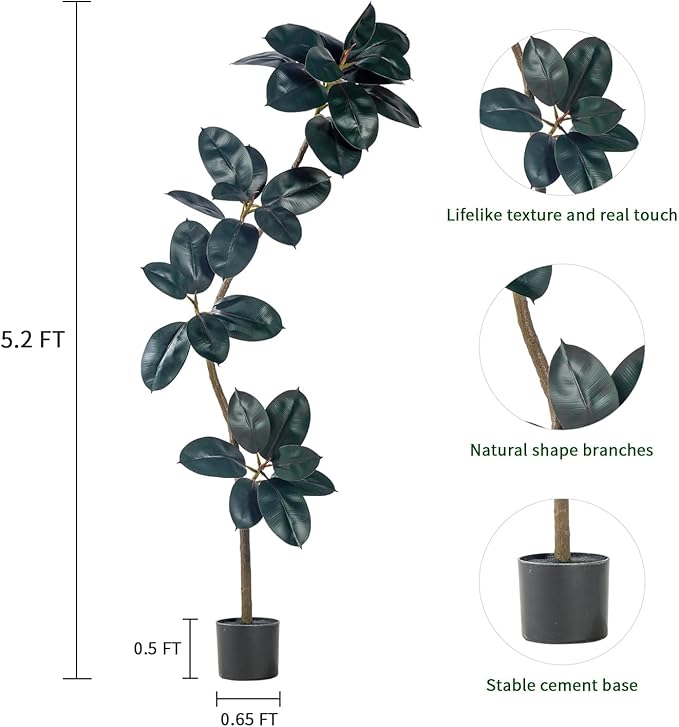 5.2ft Artificial Rubber Tree Faux Plants Indoor Faux Floor Artificial Trees Indoor,Fake Plant Fake Tropical Plants,Large Floor,Real Touch Rubber Tree for Home Decor