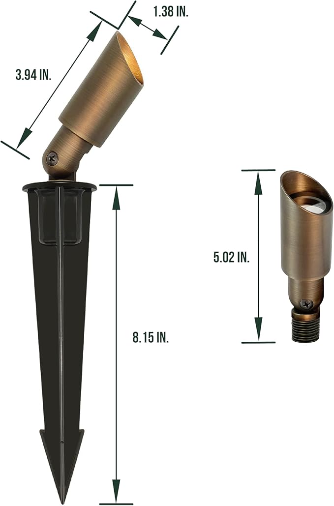 GKOLED Mini Size Brass Landscape Spotlight, Low Voltage 12V AC/DC Outdoor Directional Up Light, 180 LM, 3W MR8 LED Bulb ABS Ground Stake, 2700K Warm White, Garden Patio Trees Spot Uplight