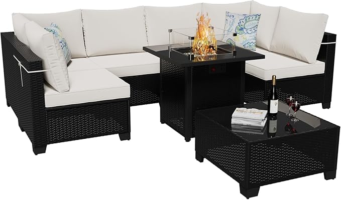 Patio Furniture Set with Fire Pit Table 28", 8-Piece Outdoor Furniture Conversation Set with Cushions，Wicker Sectional Sofa for Porch Garden Backyard, Coffee/Beige