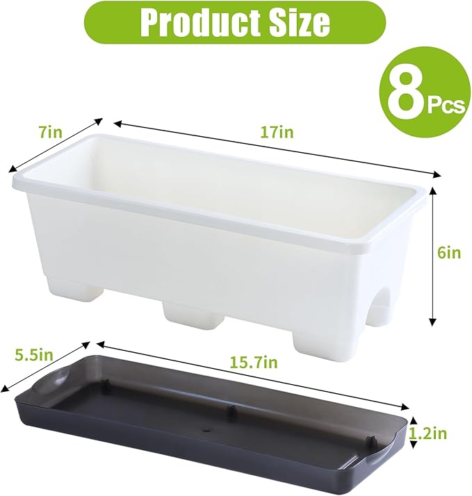 Window Box Planter 8 Pcs, 17 Inches Rectangle Flower Pots with Drainage Holes and Trays, Vegetable Planters for Windowsill Patio Garden Balcony Home Porch Yard Indoor Outdoor (White)