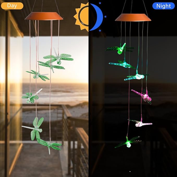 LED Solar Dragonfly Wind Chimes Outdoor - Waterproof Solar Powered LED Changing Light Color Six Dragonflies Mobile Romantic Wind-Bell for Home, Party, Festival Decor, Night Garden Decoration