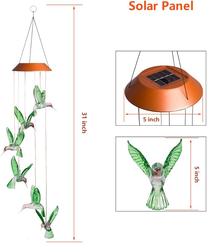 LED Solar Hummingbird Wind Chimes Outdoor - Waterproof Mobile Changing Light Color Wind Chime, Six Hummingbirds LED Wind Chimes for Home, Xmas Mom Gifts, Party, Festival Decor, Night Garden Decoration