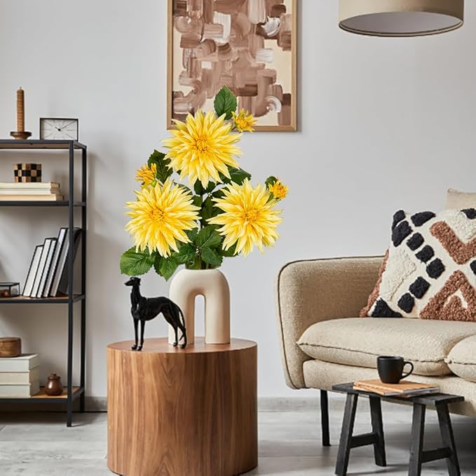 3Pcs Yellow Artificial Dahlia Flowers Fake Flower Silk Flowers with Long Stem 29.5" Floral Arrangements Bouquets Faux Dahlias Flowers for DIY Wedding Party Centerpieces Decor Home Office Decoration