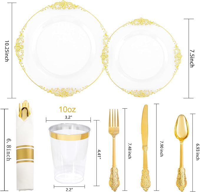 Hioasis 210pcs White and Gold Plastic Plates - Disposable Dinnerware Set Suitable for 30 Guests Include 10.25" Dinner & 7.5" Dessert Plates, Pre Rolled Silverware Set, Cups for Party & Thanksgiving