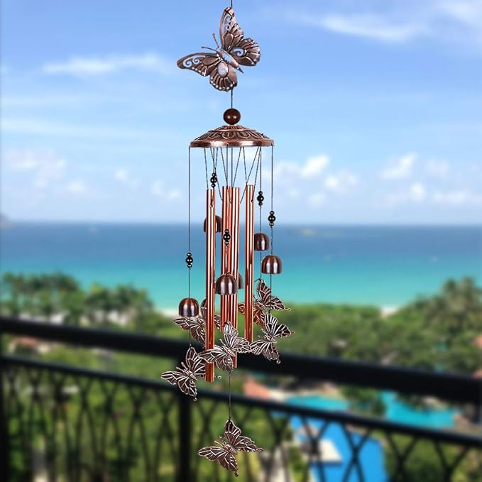 Butterfly Wind Chimes Outdoor Decor -with 4 Tubes 6 Bells 7 Butterflies 36In Waterproof Mobile Romantic Wind Catcher Butterfly Windchimes for Home, Xmas Mom Gifts, Festival,Balcony,Garden Decoration