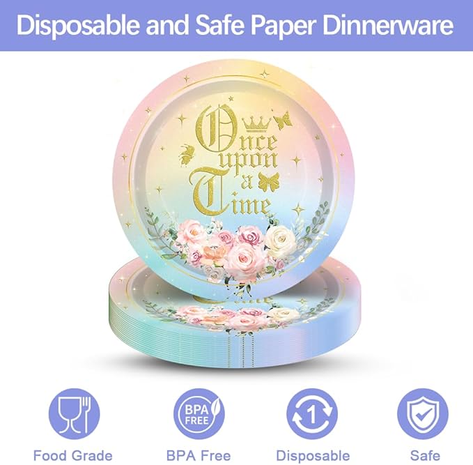 96PCS Princess Castle Plates and Napkins Girls Gold Princess Flower Castle Birthday Tableware Set Watercolor Pastel Rainbow Castle Party Table Decorations Favors Serves 24 Guests