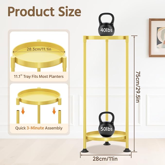 LASZOLA 2 Tier Gold Plant Stand Indoor for Large Tall Heavy Duty Flower Planter, Metal Vertical Multi Level Rack for Narrow Floor Corner, Sturdy Round Holder Organizer, Modern, Mid Century, Farmhouse
