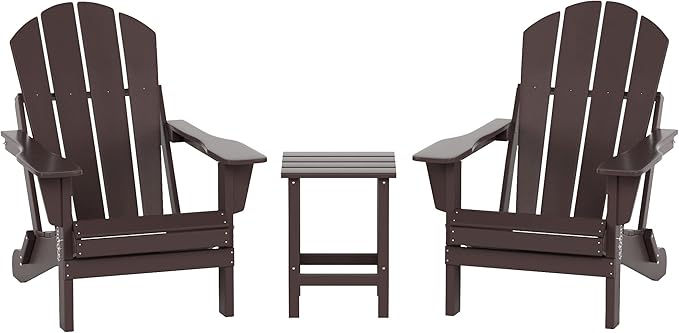 WO Home Furniture Adirondack Chairs Table Set of 3 PCS Outdoor Folding Chairs Side End Table Weather/UV Resistant for Lawn, Garden, Bon Fire, Balcony (Dark Brown)