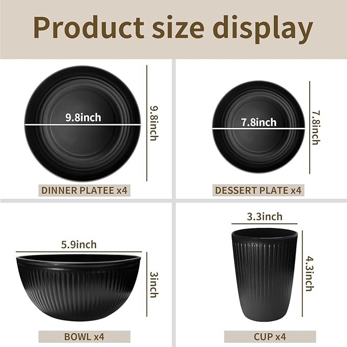 Wheat Straw Dishes Set for 4, Dinnerware Sets 16 piece, Unbreakable Plates, Bowls, Cups Sets for Kitchen Parties Camping RV - Black