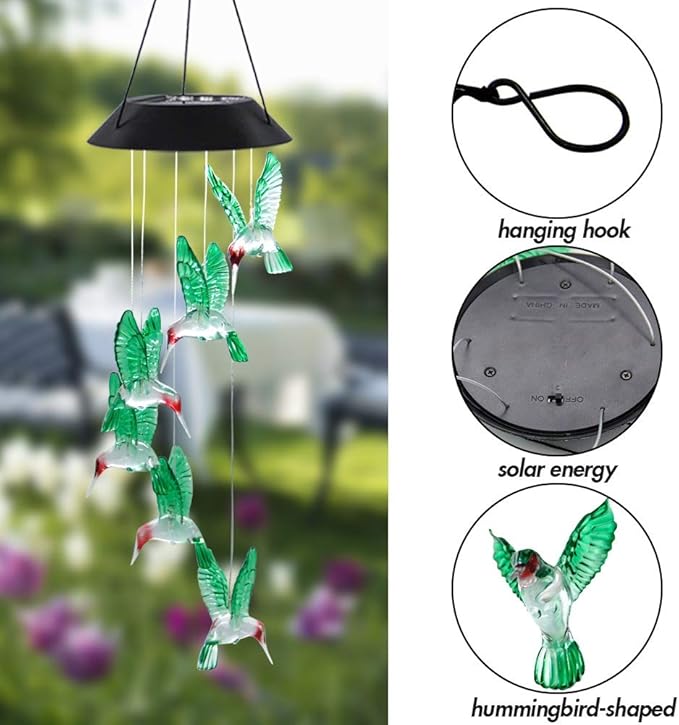 MorTime LED Solar Hummingbird Wind Chime, 25" Mobile Hanging Wind Chime for Home Garden Decoration, Automatic Light Changing Color(Hummingbird)