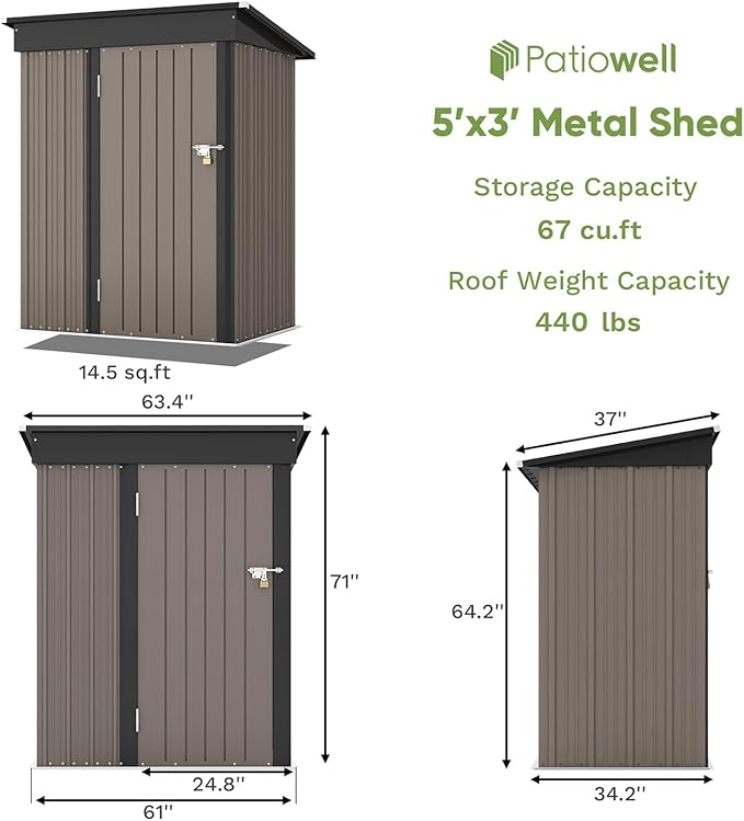 Patiowell 5x3 FT Outdoor Storage Shed, Tool Shed with Sloping Roof and Lockable Door, Metal Shed for Backyard Garden Patio Lawn, Brown