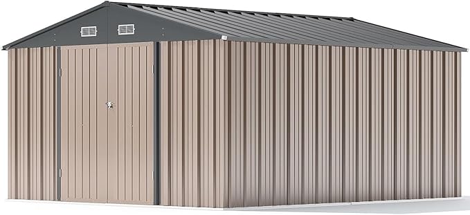 Patiowell 10 x 12 FT Metal Storage Shed for Outdoor, Steel Yard Shed with Design of Lockable Doors, Utility and Tool Storage for Garden, Backyard, Patio, Outside use,Brown