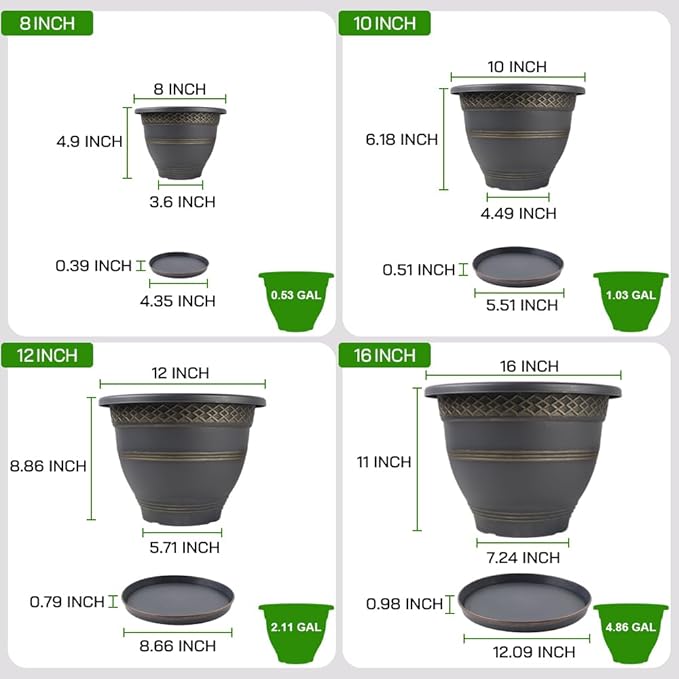 4 Pack 16 Inch Large Plant Pots, Plastic Flower Pot for Indoor & Outdoor with Drainage Holes & Saucer, Plaid Pattern Planters Garden Pots for Herbs Gold