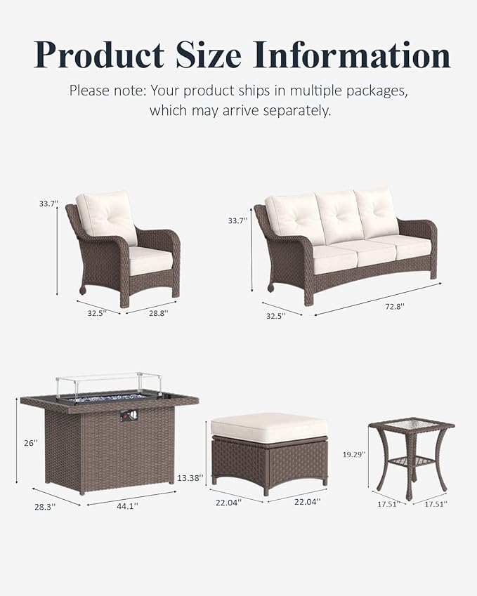 LayinSun 7 Piece Wicker Outdoor Furniture Set with 6-inch Comfy Cushions, High Back Patio Furniture Set with Rattan Armchairs and Fire Pit Table