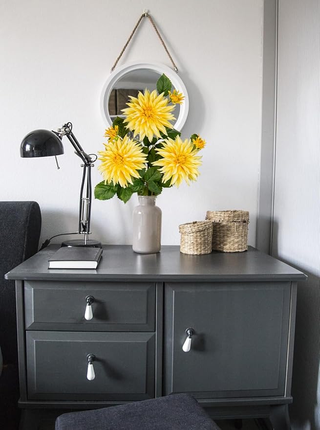 3Pcs Yellow Artificial Dahlia Flowers Fake Flower Silk Flowers with Long Stem 29.5" Floral Arrangements Bouquets Faux Dahlias Flowers for DIY Wedding Party Centerpieces Decor Home Office Decoration