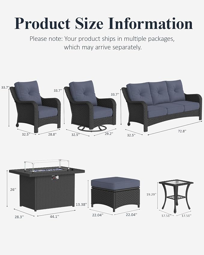 LayinSun 10 Piece Wicker Outdoor Furniture Set with 6-inch Comfy Cushions, High Back Patio Furniture Set with Swivel Rocking Chairs and Fire Pit Table