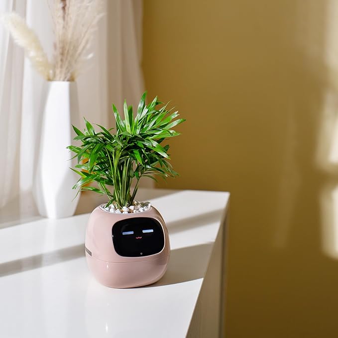 Smart pet Planter Robot Guidance on Plant Care with Emojis, Adorable Plant Companion with Rich Gesture Interaction, Neat Desk Setup Gift (Pink)