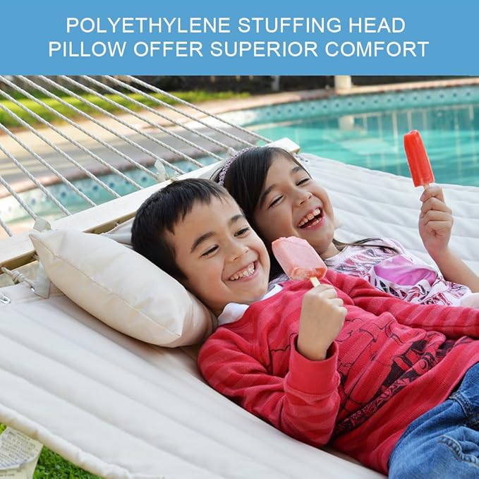 Lazy Daze Hammocks 12 FT Double Quilted Fabric Hammock with Spreader Bar and Detachable Pillow, 2 Person Hammock for Outdoor Patio Backyard Poolside, 450lbs Weight Capacity, Natural