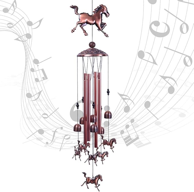 Horse Wind Chimes Decor- 37 Inch Pure Hand-Made Waterproof Metal Musical Wind Bells with 4 Aluminum Tubes 6 Bells Mobile Wind Catcher Romantic Wind Chime for Home, Festival, Indoor/Outdoor Decoration