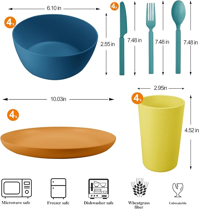 24pcs Wheat Straw Dinnerware Sets, Wheat Straw Plates and Bowls Sets for 4 Microwave Dishwasher Safe Lightweight （Four Colors）