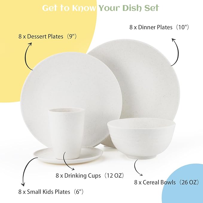Homienly Wheat Straw Dinnerware Set,40-Piece Dish Set for 8, Dinner Plates, Dessert Plate, Cereal Bowls, Cups, Appetizer Plates,Reusable Dinner Plates Kids Plates and Bowls Sets, White