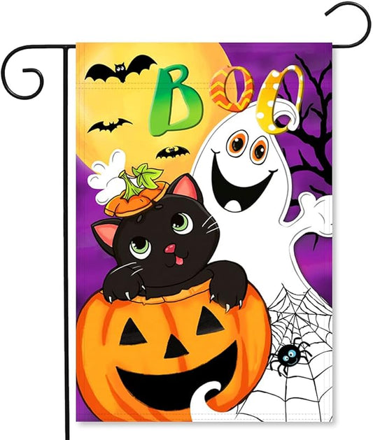 Halloween Boo Garden Flag Vertical Double Sided Ghost Home Decoration, Jack O'Lantern Pumpkin Colorful Cute Holiday Yard Outdoor Decoration 12 x 18 Inch