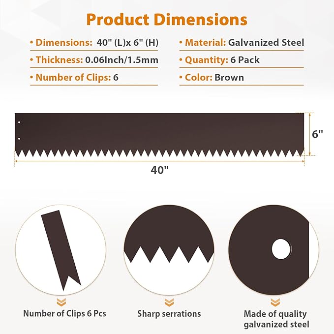 40" L x 6" H Metal Landscape Edging, Heavy Duty Galvanized Steel Garden Edging,6 Pack Steel Landscape Edging with Clips for Lawn, Flower Bed, Yard (Brown)