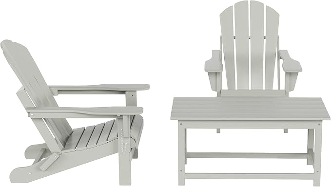 WO Home Furniture Adirondack Chairs Table Set of 3 PCS Outdoor Folding Chairs Coffee Table Weather/UV Resistant for Lawn, Garden, Bon Fire, Balcony (Sand)