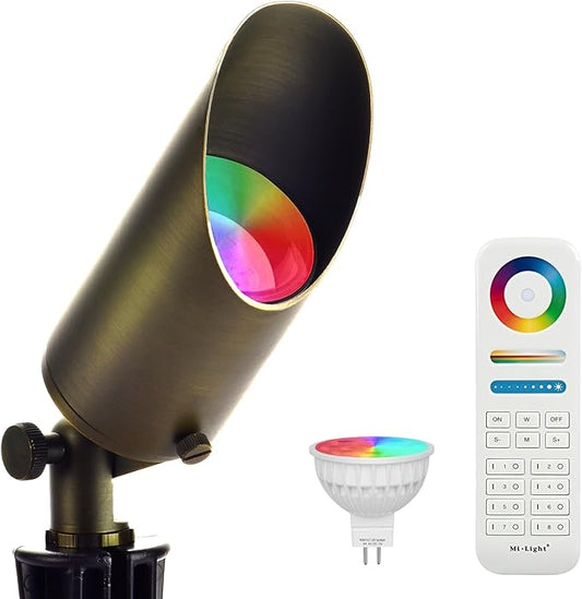 Brass RGB Landscape Lighting Fixture，Adjustable Color Changing Low Voltage Landscape Lights with Inserted Ground Stake, 12V Outdoor Spot Lights for Yard Garden Pathway Lawn Decorative