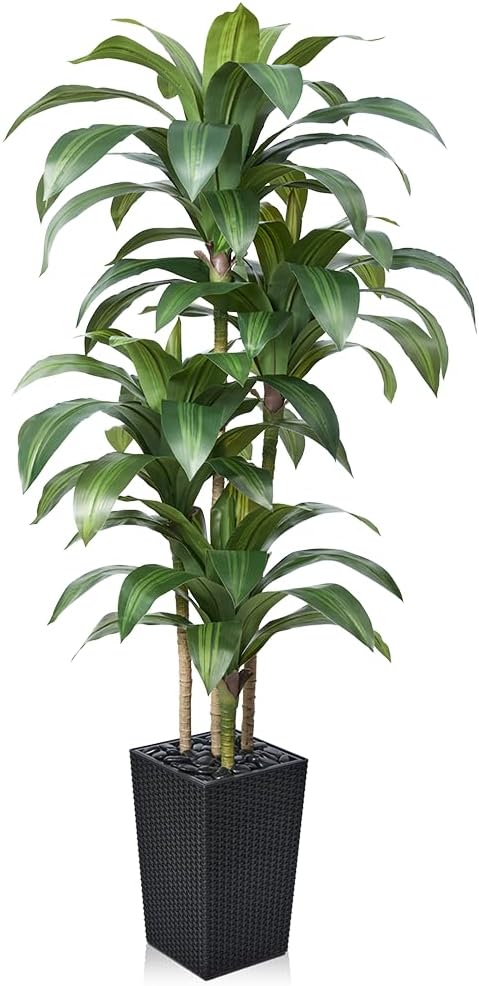 6FT Artificial Dracaena Tree - UV Resistant Faux Tropical Plant, Potted Fake Tree with Taper Planter & Pebbles - Indoor Outdoor Greenery for Home, Porch, Living Room, Bedroom Decor, VN127