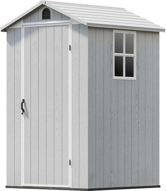 Patiowell 4 x 4 FT Plastic Outdoor Storage Shed with Floor, Garden Tool Shed with Two Windows and Single Lockable Door for Garden, Backyard, Lawn, Easy to Install (Light Gray)