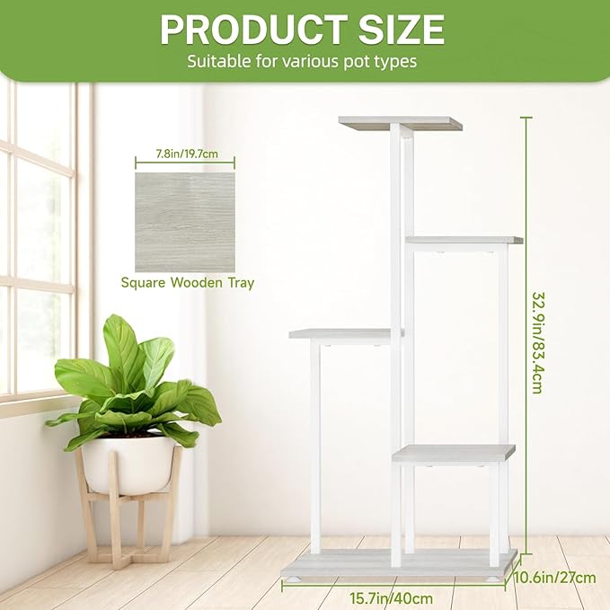 iDavosic.ly 5 Tier Plant Stand Indoor, Tiered Corner Plant Shelf for Multiple Plants, Metal Wood Tall Plant Display Rack Flower Holder for Patio Porch Garden Balcony Bedroom, White