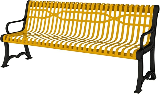 COATEDOUTDOORFURNITURE Heavy-Duty Outdoor Bench Thermoplastic Coated, Slatted Steel, Commercial-Grade Garden Bench, Made in America (Portable with Back, 4 Ft, Textured Yellow)