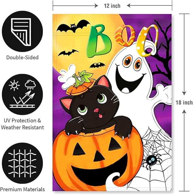 Halloween Boo Garden Flag Vertical Double Sided Ghost Home Decoration, Jack O'Lantern Pumpkin Colorful Cute Holiday Yard Outdoor Decoration 12 x 18 Inch