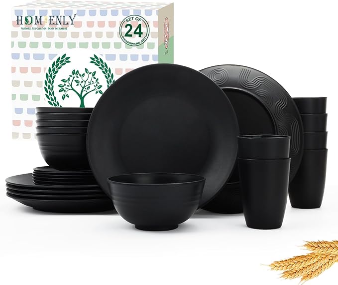 Homienly 24-Piece Wheat Straw Dinnerware Sets,Service for 6 - Cups, Plates and Bowls Sets,Reusable Dishwasher and Microwave Safe Melamine Dinnerware Set for Home,Camping,RVs - Black