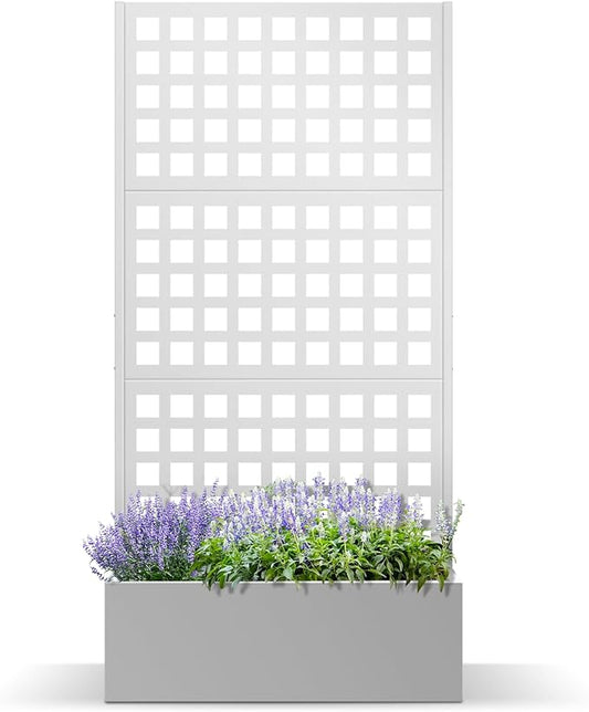 Metal Planter Box with Trellis, Planter Box with Privacy Screen, Privacy Trellis Outdoor for Climbing Plants with Drainage Holes, Raised Garden Bed for Vegetables